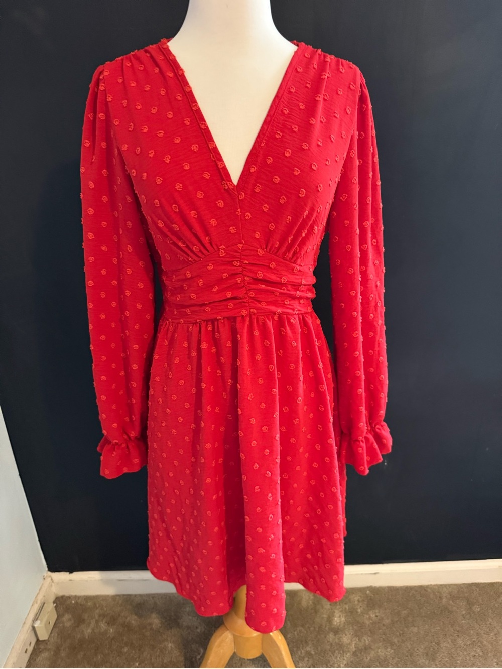 SHEIN Red Long-Sleeve V-Neck Ruched Waist Dress Swiss dot dress size medium